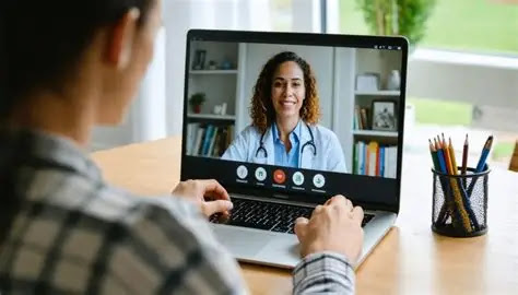 Client attending a virtual telehealth session with a clinician on a laptop